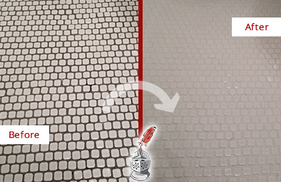 Before and After Picture of White  Tile Grout Recolored and Sealed to Remove Stains