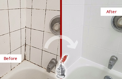 Sir Grout Cleans this Mustang Ridge Shower Tile and Grout to Eliminate Mold Before and After Picture of a Mustang Ridge Shower Tile and Grout Cleaned to Eliminate Mold