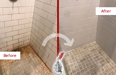 Before and After Picture of a Driftwood Shower Tile and Grout Cleaned to Eliminate Mold and Stains