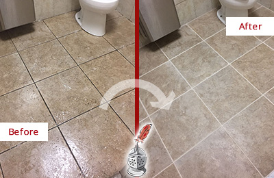 Sir Grout Cleans this Mustang Ridge Restroom Tile and Grout to Remove Soil Before and After Picture of a Mustang Ridge Restroom Tile and Grout Cleaned to Remove Soil
