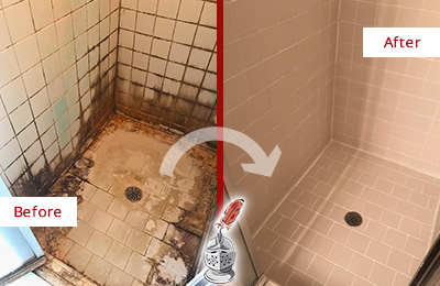 Before and After Picture of a Round Rock Shower Tile and Grout Cleaned to Repair Water Damage