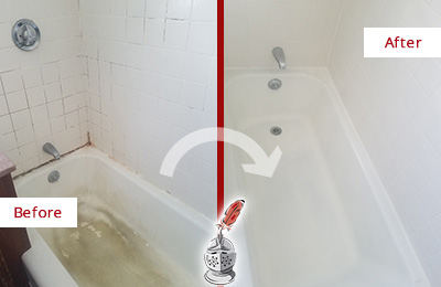 Before and After Picture of a Point Venture Bathtub Caulked to Repair Cracks