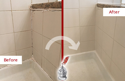 Sir Grout Caulks this Cedar Park Shower Caulked to Repair Damaged Caulking Before and After Picture of a Cedar Park Shower Caulked to Repair Damaged Caulking