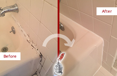 Before and After Picture of a Manor Bathroom Sink Caulked to Fix a DIY Proyect Gone Wrong