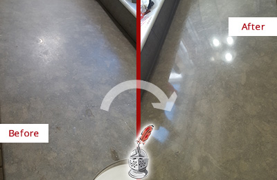 Before and After Picture of a Dull Austin Limestone Countertop Polished to Recover Its Color