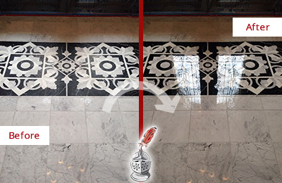 Sir Grout Polishes this Lakeway Marble Stone Floor to a Mirror Shine Before and After Picture of a Lakeway Marble Stone Floor Polished to a Mirror Shine