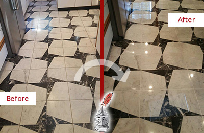 Sir Grout Polishes this Dull Lakeway Marble Stone Floor To Recover Its Luster Before and After Picture of a Dull Lakeway Marble Stone Floor Polished To Recover Its Luster