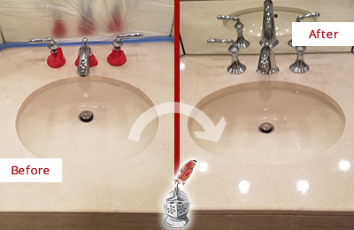 Sir Grout Polishes this Dull Lakeway Marble Stone Vanity Top to Bring-Back Its Sheen Before and After Picture of a Dull Lakeway Marble Stone Vanity Top Polished to Bring-Back Its Sheen