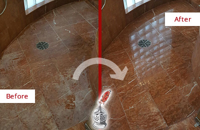 Before and After Picture of a West Lake Hills Marble Stone Shower Polished to Eliminate Mineral Deposits