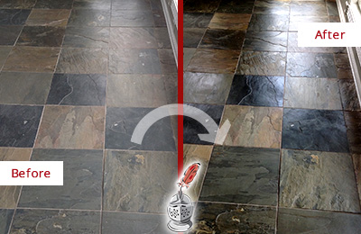 Sir Grout Seals this Dull Bee Cave Slate Floor to Bring Back Its Colors Before and After Picture of a Dull Bee Cave Slate Floor Sealed to Bring Back Its Colors