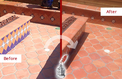 Sir Grout Seals this Dull Bee Cave Terracotta Patio Floor For UV Protection Before and After Picture of a Dull Bee Cave Terracotta Patio Floor Sealed For UV Protection