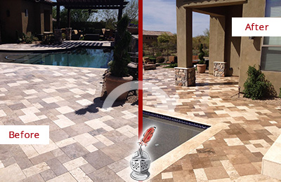 Sir Grout Seals this Faded Bee Cave Travertine Pool Deck For Extra Protection Before and After Picture of a Faded Bee Cave Travertine Pool Deck Sealed For Extra Protection