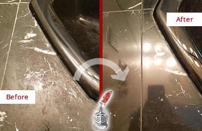 Before and After Picture of a Pflugerville Marble Countertop Cleaned to Remove Deep Dirt
