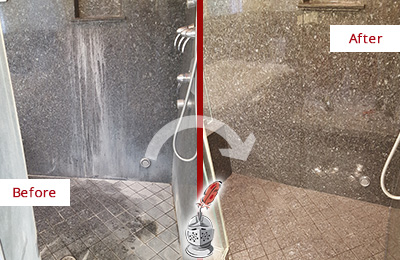 Sir Grout Cleans this Sunset Valley Granite Shower to Remove Mineral Deposits Before and After Picture of a Sunset Valley Granite Shower Cleaned to Remove Mineral Deposits