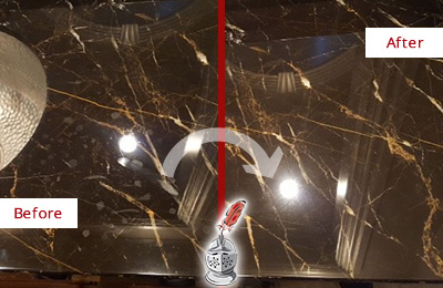 Sir Grout Cleans this Sunset Valley Marble Countertop to Remove Water Spots Before and After Picture of a Sunset Valley Marble Countertop Cleaned to Remove Water Spots