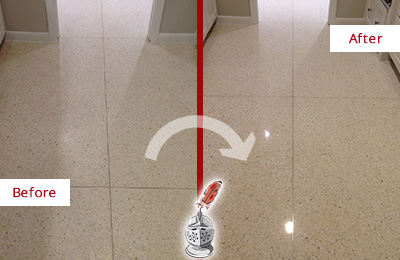 Sir Grout Hones this Dull Leander Granite Floor to Recover Its Sheen Before and After Picture of a Dull Leander Granite Floor Honed to Recover Its Sheen