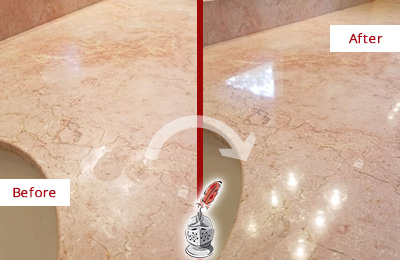 Sir Grout Hones this Leander Marble Vanity Top to Eliminate Water Spots Before and After Picture of a Leander Marble Vanity Top Honed to Eliminate Water Spots