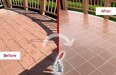 Before and After Picture of a Driftwood Hard Surface Restoration Service on a Tiled Deck