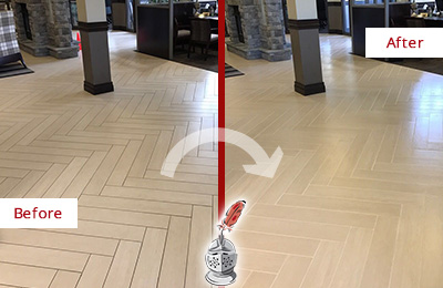 Sir Grout Restored This Leander Office Lobby Tile Floor to Remove Embedded Dirt Before and After Picture of a Leander Hard Surface Restoration Service on an Office Lobby Tile Floor to Remove Embedded Dirt