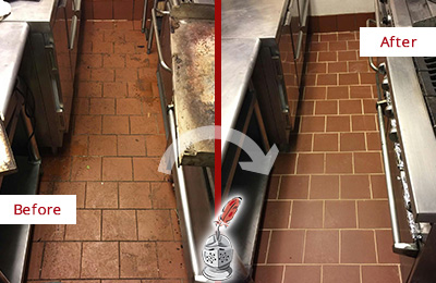Before and After Picture of a Point Venture Hard Surface Restoration Service on a Restaurant Kitchen Floor to Eliminate Soil and Grease Build-Up