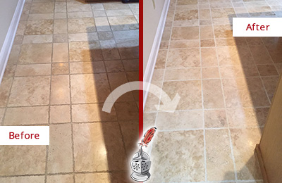 Sir Grout Cleans this San Leanna Kitchen Floor's Grout to Recover Its Color Before and After Picture of San Leanna Kitchen Floor Grout Cleaned to Recover Its Color