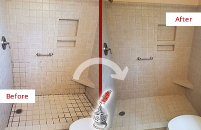 Before and After Picture of a Volente Shower Grout Cleaned to Remove Mold