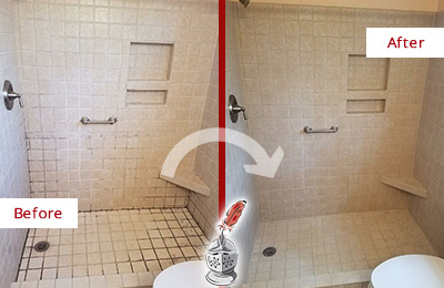Sir Grout Cleans the Grout on this San Leanna Moldy Shower Before and After Picture of a San Leanna Shower Grout Cleaned to Remove Mold