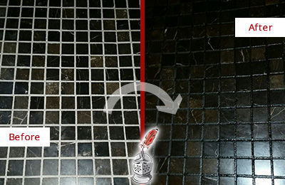 Sir Grout Recolored the Grout of this Volente Black Tile Floor Before and After Picture of a Volente Black Floor with Recolored Grout