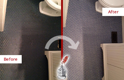 Sir Grout Recolors the Grout on this Volente Blue Tile Floor Before and After Picture of a Volente Blue Tile Floor Recolored Grout