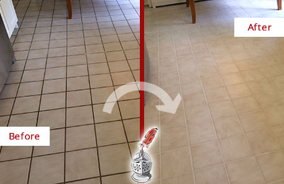 Sir Grout Recolors this Volente Kitchen Tile Floor's Grout Before and After Picture of a Volente Kitchen Tile Floor with Recolored Grout
