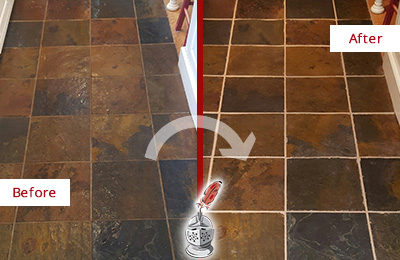 Sir Grout Recolors the Grout of this Volente Slate Floor Before and After Picture of a Volente Slate Floor Recolored Grout
