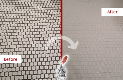 Sir Grout Recolors the Grout of this Volente White Mosaic Tile Before and After Picture of a Volente White Mosaic Tile Recolored Grout