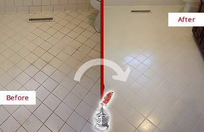 Before and After Picture of a Kyle White Bathroom Floor Grout Sealed for Extra Protection