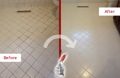 Sir Grout Seals the Grout of this Volente White Bathroom Floor for Extra Protection Before and After Picture of a Volente White Bathroom Floor Grout Sealed for Extra Protection