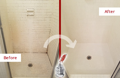 Before and After Picture of a Kyle Bathroom Grout Sealed to Remove Mold