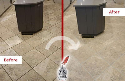 Sir Grout Seals this Stained Volente Kitchen Floor Grout to Remove Stains Before and After Picture of a Volente Kitchen Floor Grout Sealed to Remove Stains