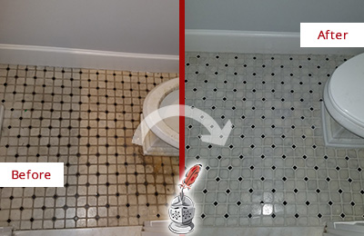 Sir Grout Cleans this Briarcliff Bathroom Floor to Remove Embedded Dirt Before and After Picture of a Briarcliff Bathroom Floor Cleaned to Remove Embedded Dirt