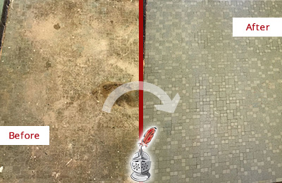 Before and After Picture of a Cedar Park Mosaic Shower Cleaned to Eliminate Embedded Dirt