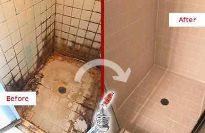 Sir Grout Cleans this Briarcliff Ceramic Shower to Remove Grime Before and After Picture of a Briarcliff Ceramic Shower Cleaned to Remove Grime