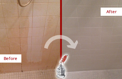 Before and After Picture of a Kyle Porcelaine Shower Cleaned to Remove Soap Scum
