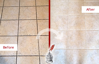 Before and After Picture of a Dripping Springs Ceramic Floor Cleaned to Remove Soil